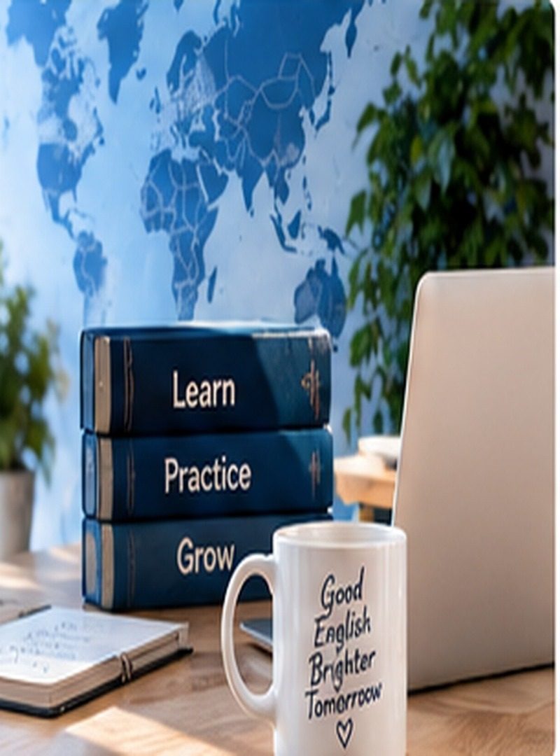 Learn, Practice ve Grow yazan kitap yığını, bir dizüstü bilgisayar ve Good English, Brighter Tomorrow yazan bir kupa ile derli toplu bir çalışma masası