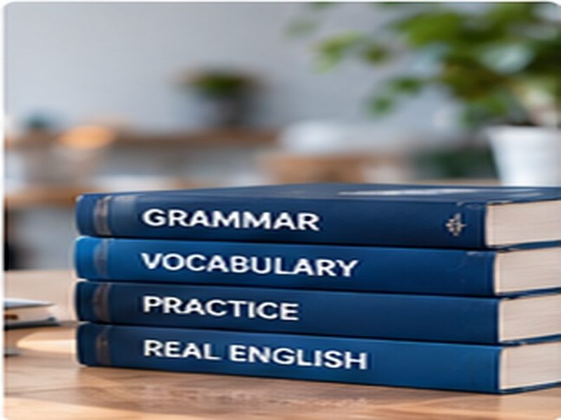 Masa üzerinde Grammar, Vocabulary, Practice ve Real English yazan kitap yığını