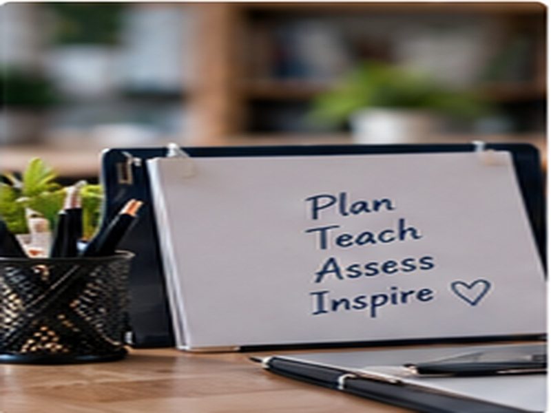 Kalem ve dosyanın yanında Plan, Teach, Inspire yazan bir defter