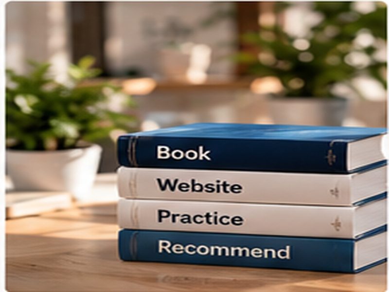 Bitkilerin yanında Book, Website, Practice ve Recommend yazan kitap yığını