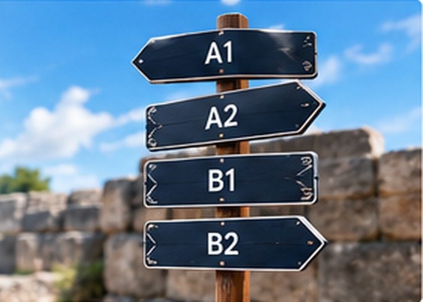 Mavi gökyüzü önünde A1, A2, B1 ve B2 yönlerini gösteren ahşap bir tabela