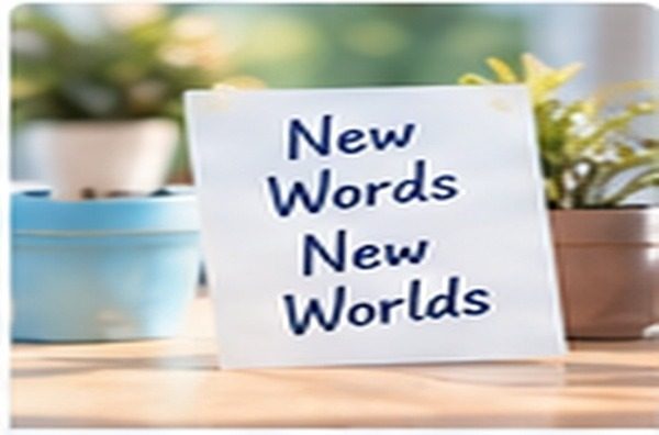 Saksı bitkilerin yanında New Words, New Worlds yazan el yazısı not