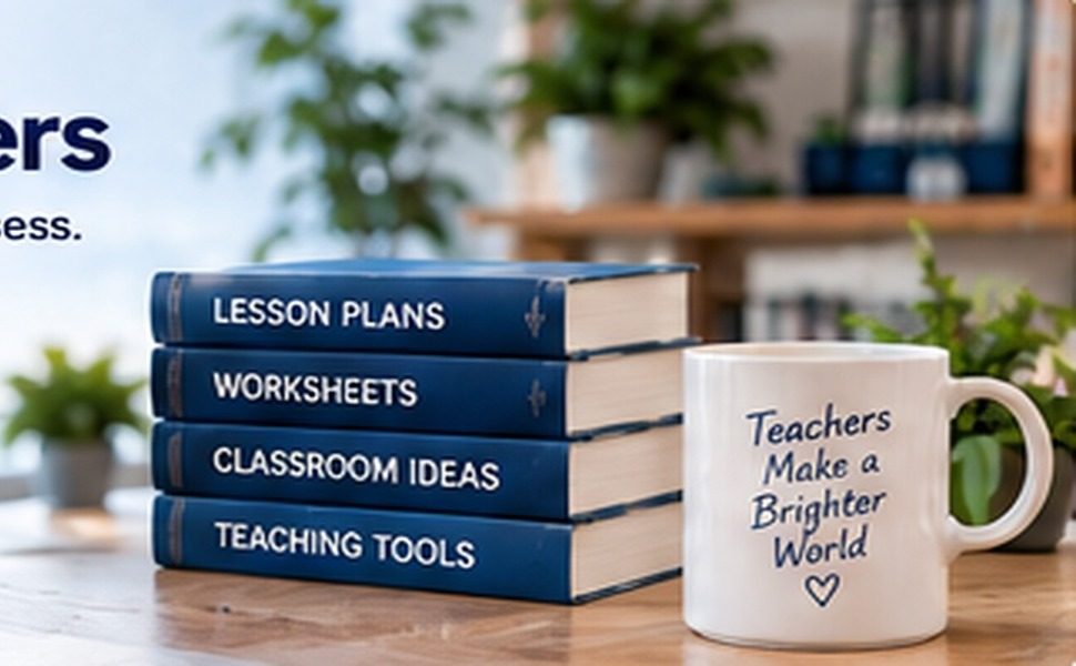 Bir kupanın yanında Lesson Plans, Worksheets, Classroom Ideas ve Teaching Tools yazan kitap yığını