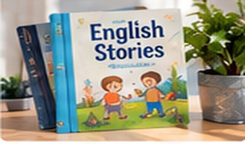 Diğer kitapların ve bir bitkinin yanında English Stories adlı çocuk resimli kitabı
