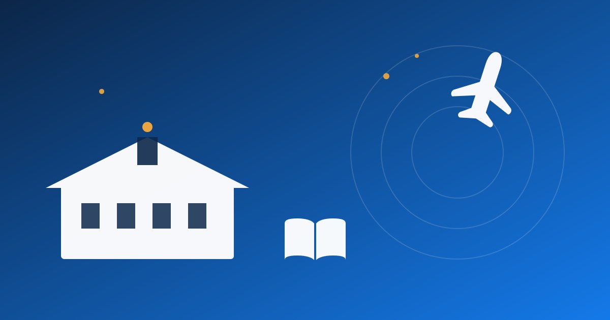 Yurt dışında yaz okulu: kampüs, kitap ve uçak temalı illüstrasyon