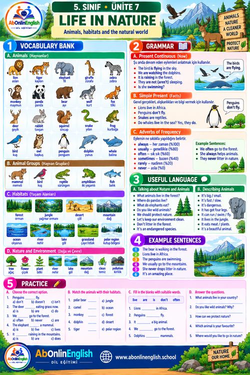 5. sınıf İngilizce 7. ünite Life in Nature (Doğada Yaşam) konu anlatımı, kelime listesi ve gramer özeti
