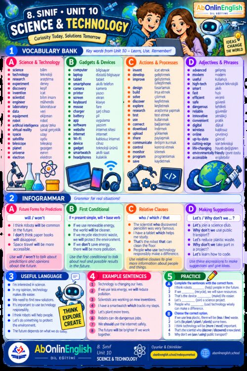 8. sınıf İngilizce 10. ünite Science & Technology (Bilim ve Teknoloji) konu anlatımı, kelime listesi ve gramer özeti